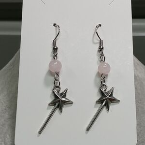 Magic Wand Earrings Natural Rose Quartz Gemstone Crystal Bead Stainless-Steel
